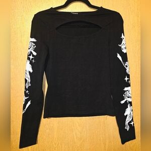 Disturbia Witchy Black and White Long Sleeve Goth Top with Halloween Witches 💀